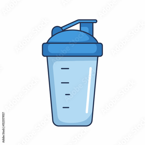 Blue plastic shaker bottle for protein shakes or smoothies. Fitness shaker bottle with measurement markings for precise portioning.