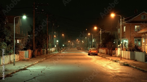 A serene night street illuminated by warm streetlights featuring parked cars and residential h