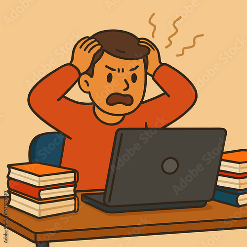 Overwhelmed Businessperson at Desk – Stress and Fatigue in Corporate Office Vector Illustration