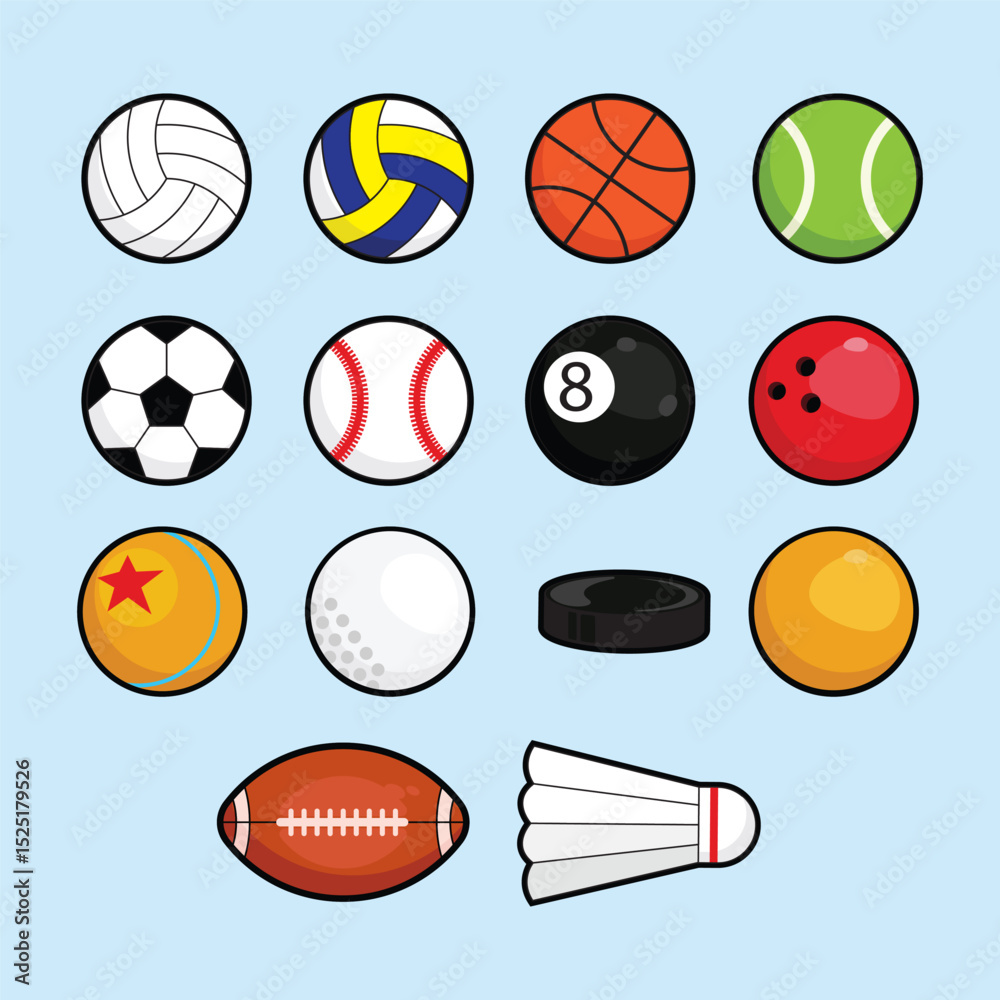 Obraz premium Vector illustration of multiple sport balls including soccer, tennis, basketball, and more.