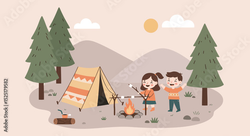 Adorable flat style illustration of two kids enjoying a camping trip in the forest. They are sitting by a campfire, roasting marshmallows, with a striped tent and pine trees in the background. 