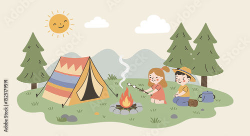 Adorable flat style illustration of two kids enjoying a camping trip in the forest. They are sitting by a campfire, roasting marshmallows, with a striped tent and pine trees in the background. 