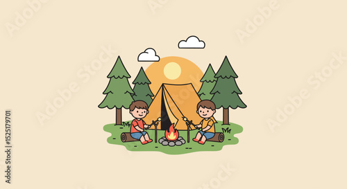 Adorable flat style illustration of two kids enjoying a camping trip in the forest. They are sitting by a campfire, roasting marshmallows, with a striped tent and pine trees in the background. 