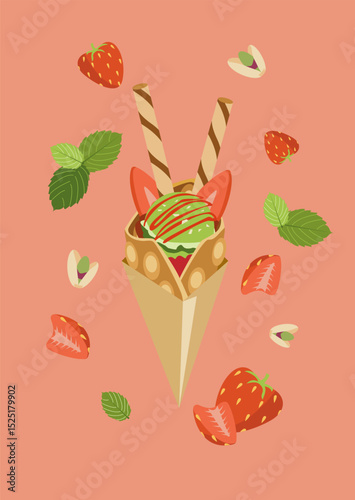 Waffle dessert with fruits and cream, topped with strawberries, mint , and chocolate sticks. Pink background. Suitable for dessert and summer designs.