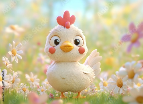 Cute Cartoon Chick in Flower Field