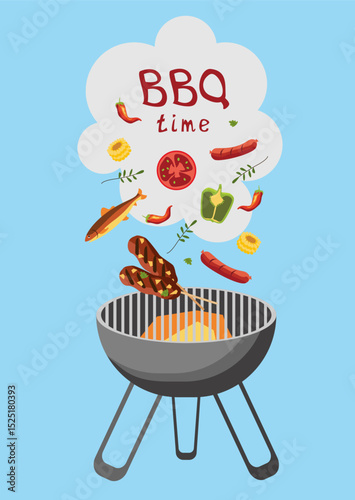 BBQ grill with sausages, fish, vegetables, and spices. Light blue background. Suitable for summer food and party themed designs.
