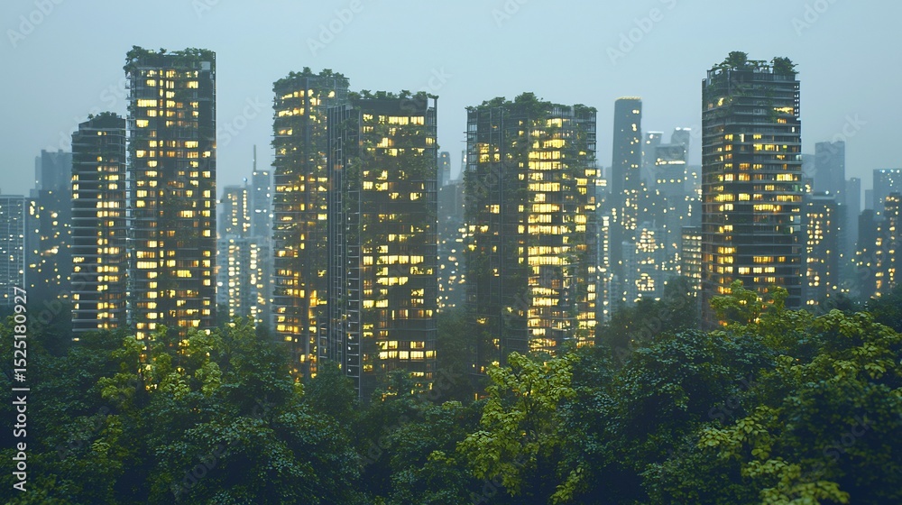 Obraz premium Futuristic cityscape blending nature and urban architecture with illuminated buildings