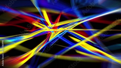 Vibrant blue, yellow, and red light streaks intersect and explode from a central point. Energetic animation creating a dynamic, high-speed effect