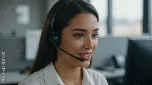 A friendly customer service representative assisting a client using a headset in an office.