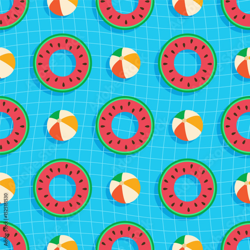 Seamless summer vector pattern. Swimming rings in the form of watermelons, ball for pool games.