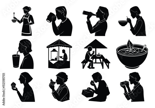 Silhouette Icons People Enjoying Food and Drinks