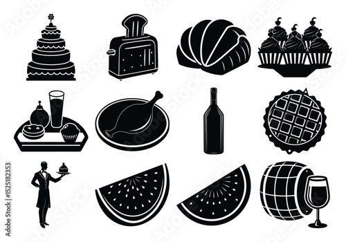 Delicious Food and Drink Icons Cakes, Wine, Watermelon, and More