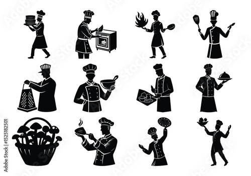 Collection of Diverse Chef Silhouettes Cooking, Baking, and Food Preparation Illustrations