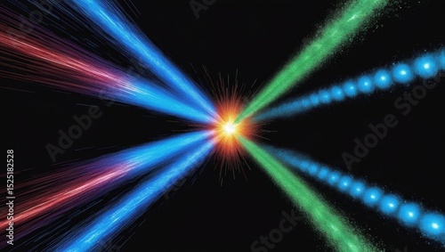 Quantum  Radiant  colorful beams of light converging in a dark space  creating a dynamic visual effect.