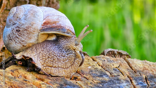 Weinbergschnecke auf einem Ast.