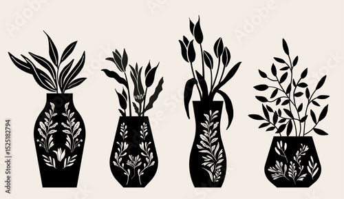 Plant pots vector illustration, folk art style, silhouette, black and white graphics, isolated elements. 