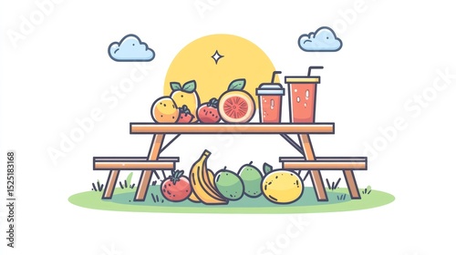 A picnic table laden with assorted fruits, including citrus, berries, and bananas, sits on a grassy patch under a bright sun. Two drinks accompany the fruit