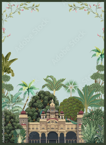 Traditional Mughal Garden Illustration Wedding Card, Mughal Wedding, Indian Weeding Invitation Card.