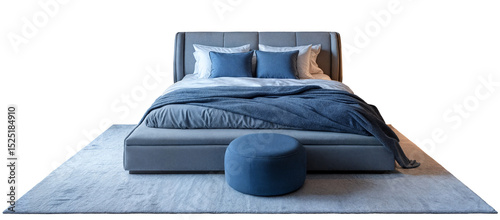 Modern blue bed with bedding and rug isolated PNG
