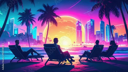 Four tourists are enjoying a vibrant sunset view from their beach chairs, with a futuristic cityscape.