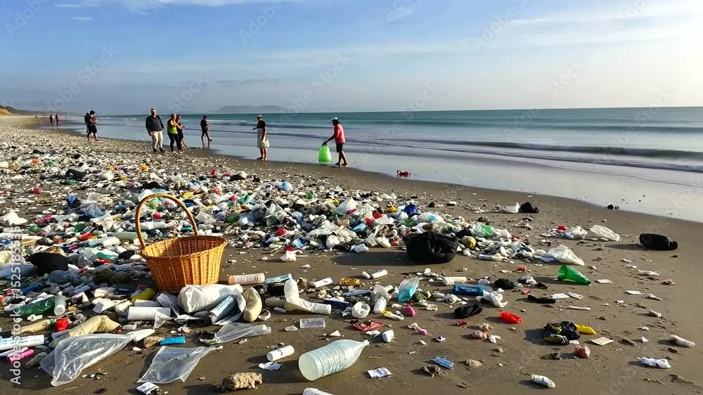 People are walking along the sunny beach, enjoying summer holidays by the sea, some people are picking up trash. People are walking along the sunny beach, enjoying summer holidays by the sea, some people are picking up trash.