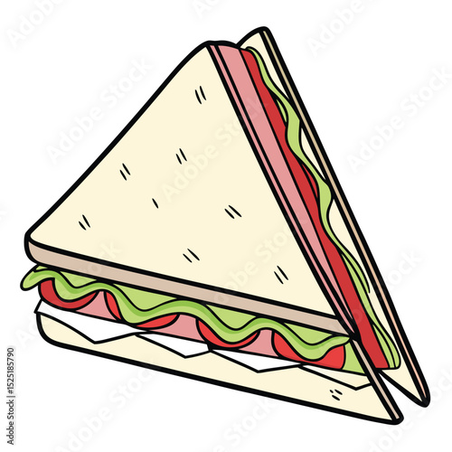 Cartoon Sandwich with Ham, Lettuce and Tomato on Isolated White Backdrop