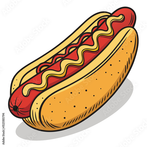 Cartoon Hotdog with Mustard Topping on Bun Isolated on White Background Illustration