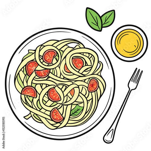 Cartoonish plate of pasta with tomatoes and pesto sauce on transparent background