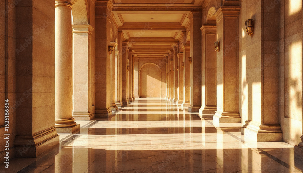 Fototapeta premium Sunlit Classical Hallway with Beige Stone Columns and Marble Floor