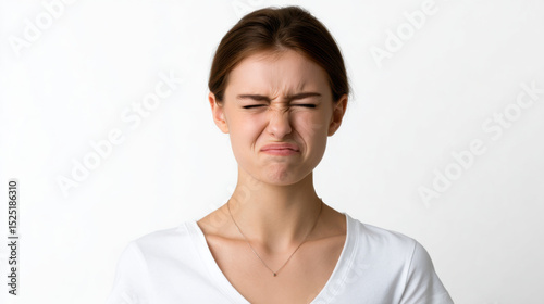 Young woman with brown hair and fair skin making disgusted face, eyes closed tightly and mouth twisted, against plain white background. Her expression shows displeasure or discomfort