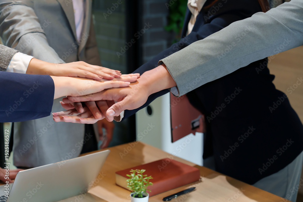 Fototapeta premium Business Team Hands Stack Collaboration Success Unity Cooperation Adult Asian Women Men Diverse Group Partnership Achieves Goals Together in Office