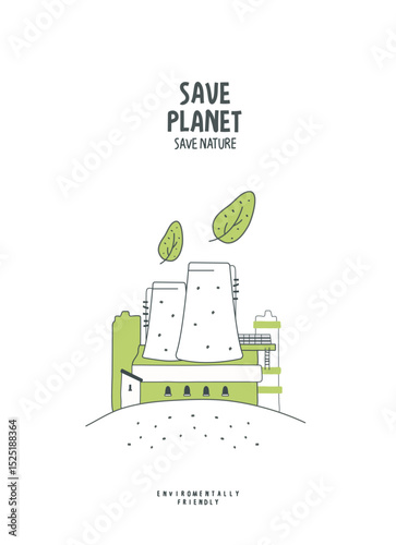 Vector hand drawn cartoon sketch of eco factory with eco exhaust systems. Environmentally friendly planet Concept. Ecology industry and alternative energy concept.