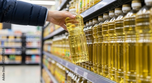 Hand selecting a bottle of cooking oil from a supermarket shelf in a grocery store aisle.