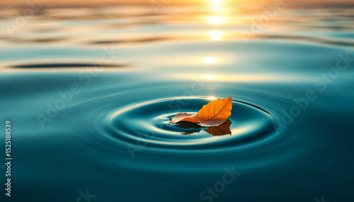 Single Orange Leaf Floating on Calm Teal Water at Sunset Minimalist Nature Photography