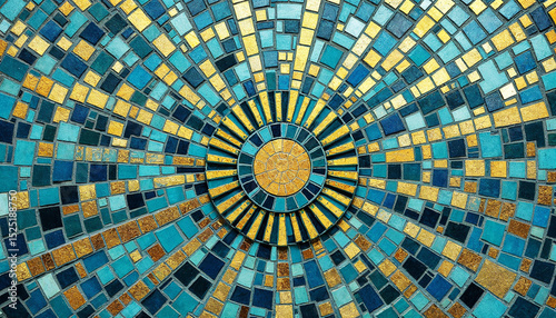 Teal and Gold Leaf Mosaic with Sunburst Detail