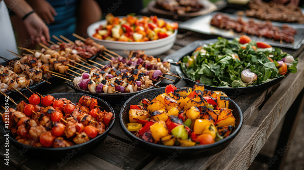 Obraz premium a summer BBQ party with people serving food buffet-style, colorful salads, and grilled skewers on a picnic table
