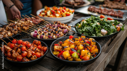 a summer BBQ party with people serving food buffet-style, colorful salads, and grilled skewers on a picnic table