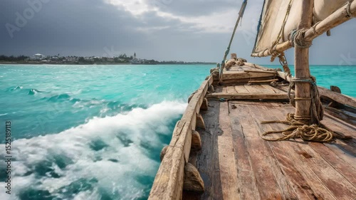 A traditional dhow sailboat navigating the turquoise waters off the coast of Zanzibar, Tanzania.