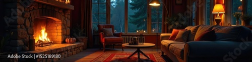 Wallpaper Mural Cozy living room scene at night, warm light from a wood-burning stove casting inviting shadows on the stone fireplace and comfortable furniture  Perfect for autumn or winter ambiance , interior, fire Torontodigital.ca