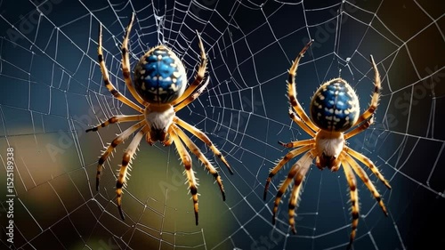 Two ornate orb weaver spiders suspend from a delicate silk web against dark background, exhibiting intricate blue and white abdominal patterns.