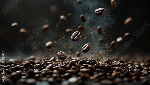 Levitating Roasted Coffee Beans in Dramatic Chiaroscuro Lighting High Contrast, Gritty Texture, and Moody Atmosphere in a Bold, Artful Composition