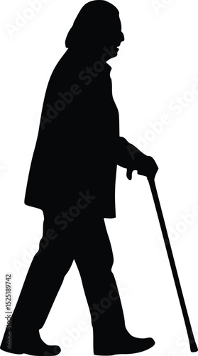 Elderly with Cane Silhouette - Side Profile Walking