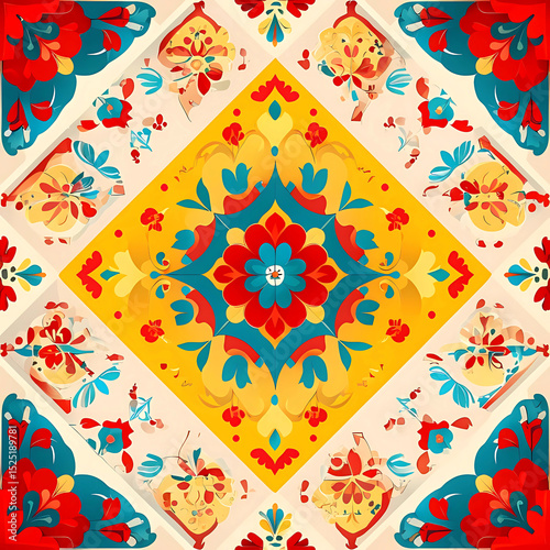 Traditional Folk Tile Pattern in Bold Colors Digital Illustration