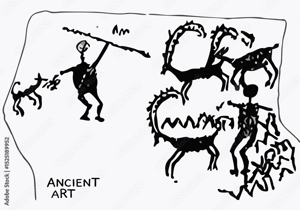 Obraz premium Art of ancient people. Rock painting. Primitive drawings. Everyday scenes from the life of ancient people