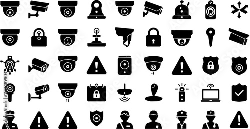 Surveillance monitoring glyph icon set. Vector pictograms of cctv, dome, detection, remote access, alert, intrusion warning, security, guard, black sign silhouette illustration