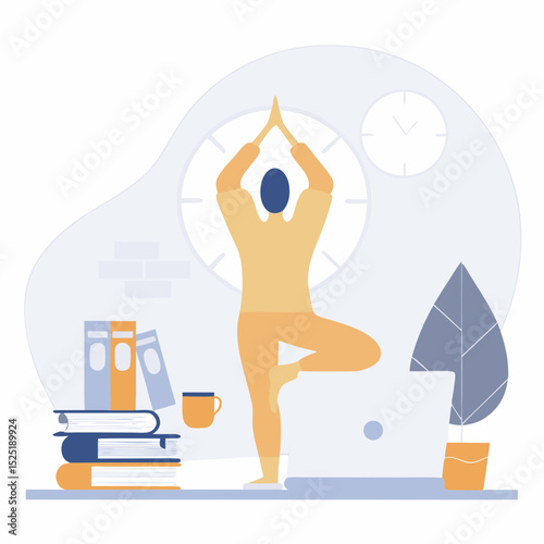 Person performing yoga in a home workspace setting with books, computer, and clock.