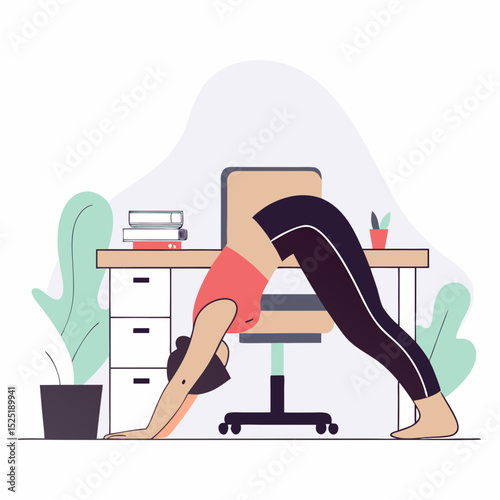 Workplace yoga, fitness and wellness in modern office environment.