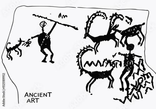Art of ancient people. Rock painting. Primitive drawings. Everyday scenes from the life of ancient people