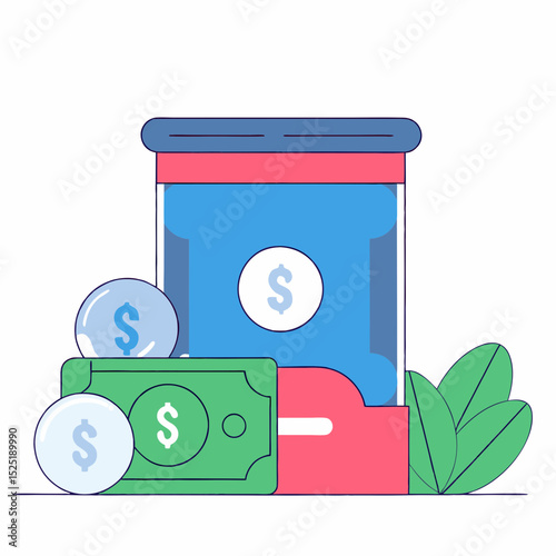 Money and medicine with a prescription bottle and currency symbols.