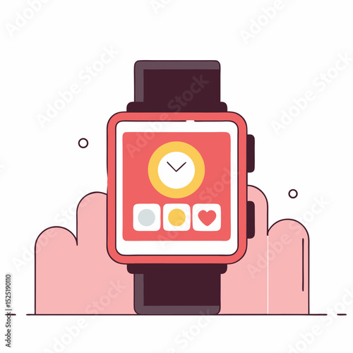 A digital watch with a screen displaying time and activity status. Accessory for an Smartphone.